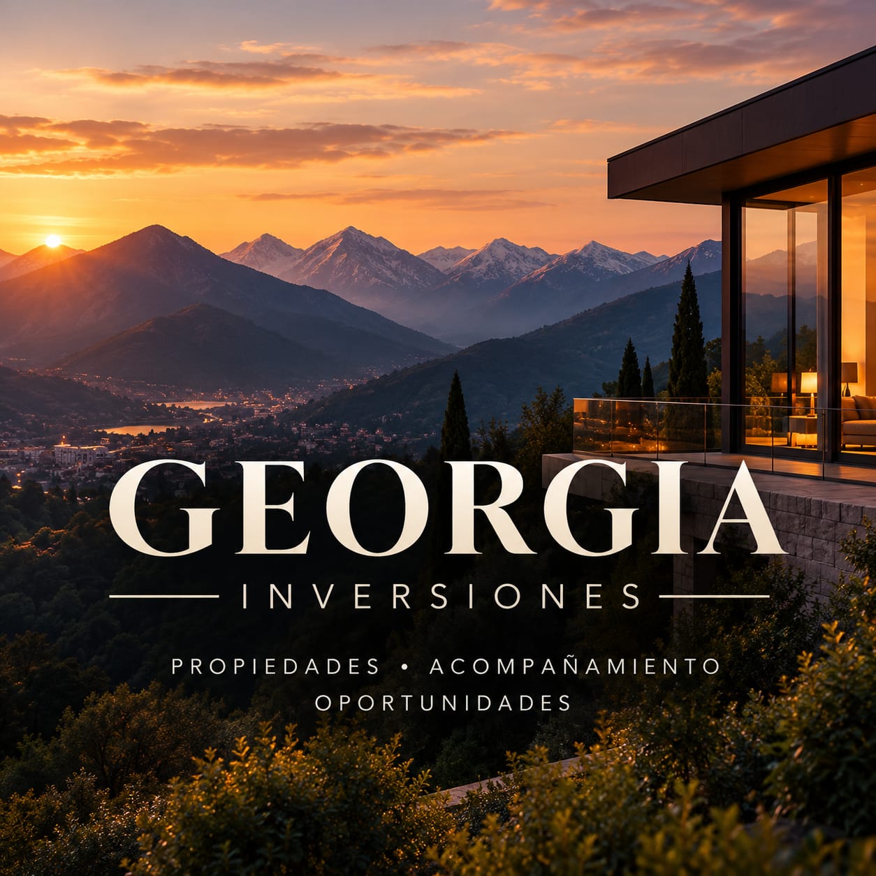 Casa moderna con vistas a las montañas del Cáucaso al atardecer, con el logotipo de Georgia Inversiones